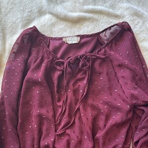 Altars state Burgundy sheer sleeve dress with Tie Neck